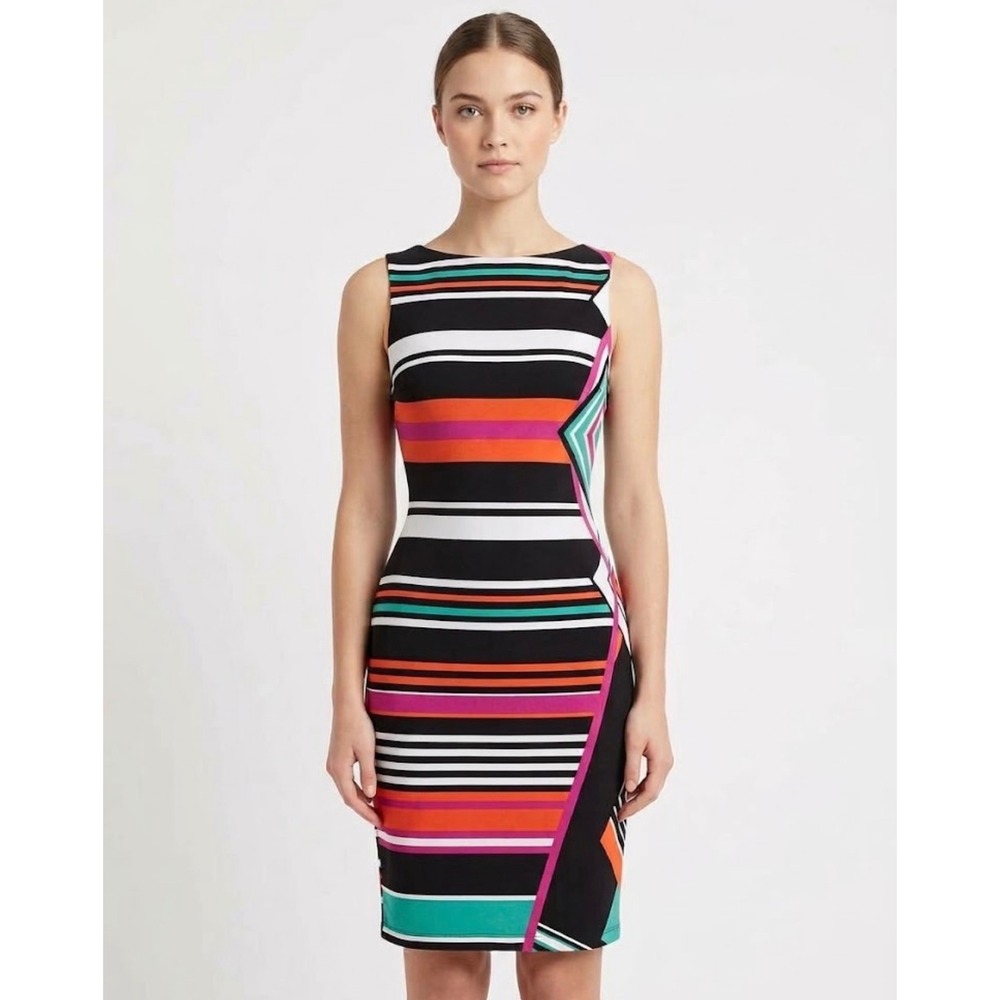 Cache Y2K 90s Striped Geometric Bodycon Dress Sz 0/XS Art deco Chic Career Work